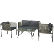 Grey 4 Seater Rattan Garden Furniture Set with Cushions and Glass Table by Outsunny