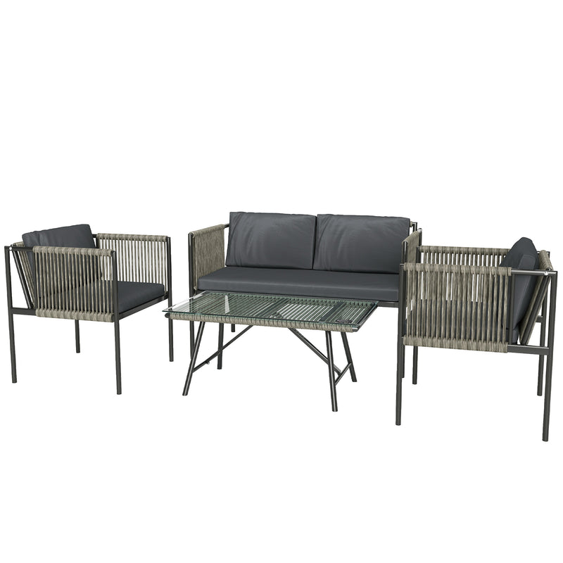 Grey 4 Seater Rattan Garden Furniture Set with Cushions and Glass Table by Outsunny