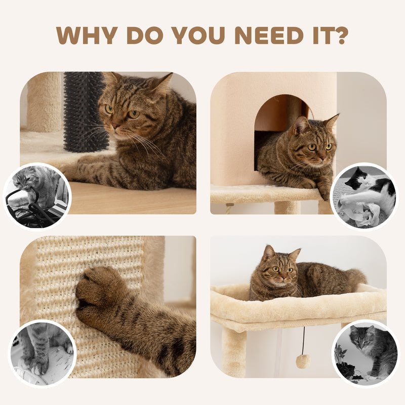 Cat Tree Tower With Scratching Posts Bed House and Brush For Indoor Cats, Beige AOSOM