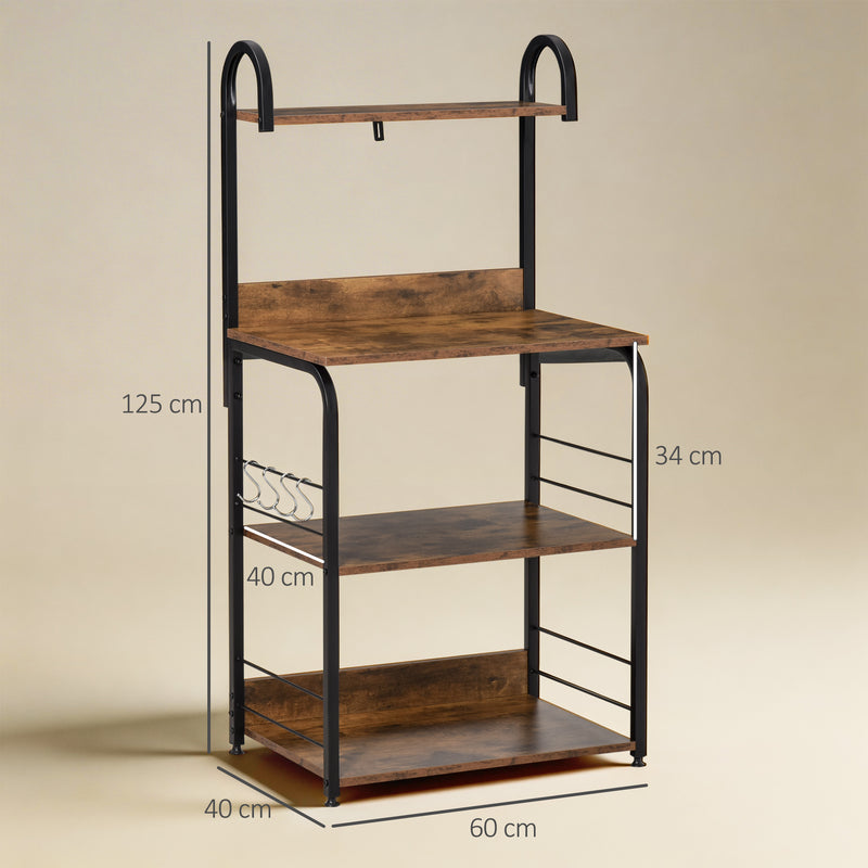 Kitchen Shelf Unit with 4 Shelves and Side Hooks for Compact Storage Rustic Brown