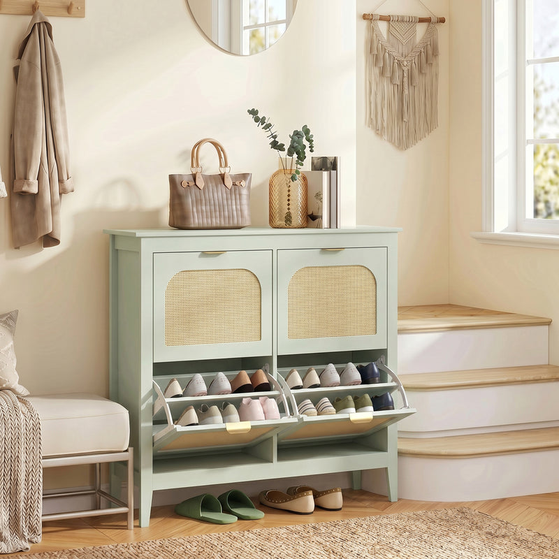 Shoe Cabinet with Flip Drawers for Hallway Storage Slim Space Saving Design Light Green