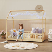 Wooden Kids House Bed Frame with Safety Guard Rails for Children Single Bed Natural AOSOM