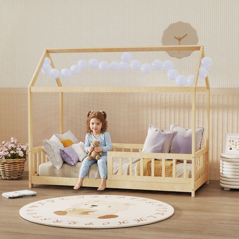 Wooden Kids House Bed Frame with Safety Guard Rails for Children Single Bed Natural AOSOM