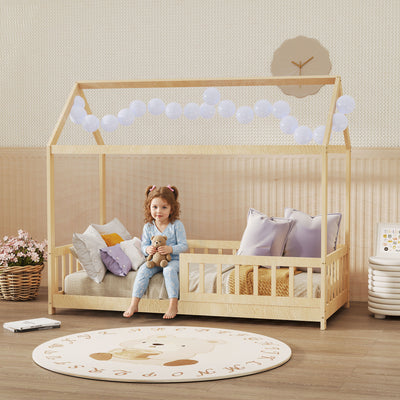Wooden Kids House Bed Frame with Safety Guard Rails for Children Single Bed Natural AOSOM