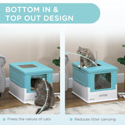 Light Blue Hooded Cat Litter Box with Scoop and Front Entry Portable Pet Toilet
