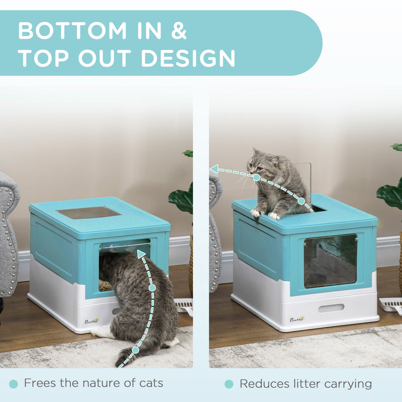 Light Blue Hooded Cat Litter Box with Scoop and Front Entry Portable Pet Toilet