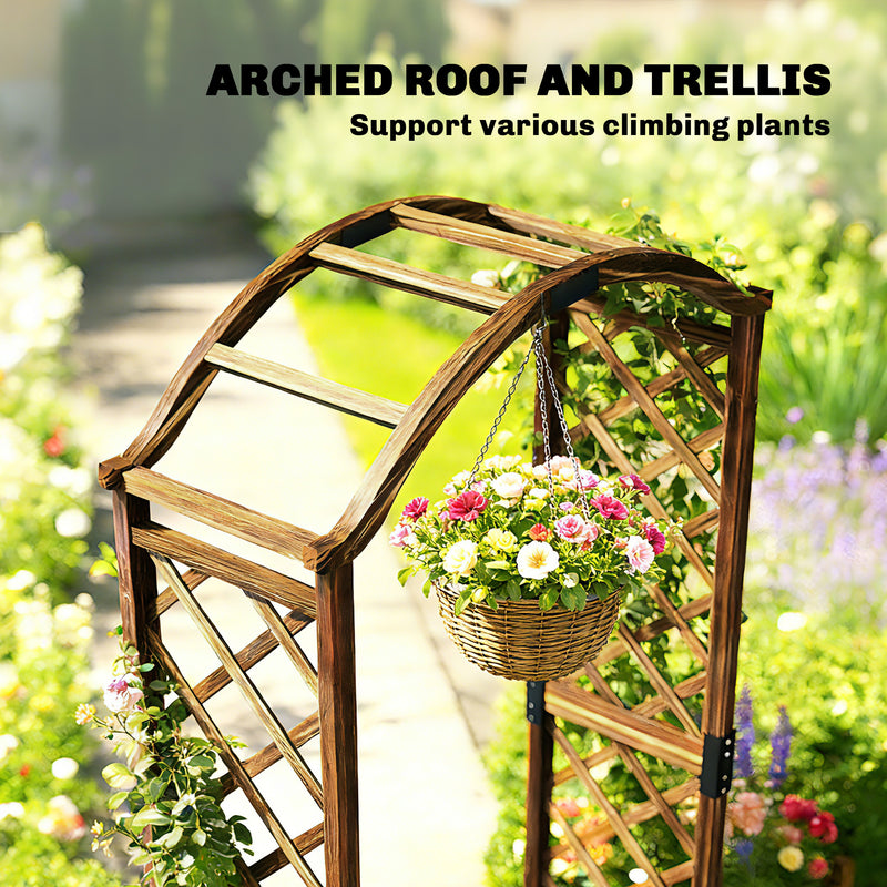 Wooden Garden Arch with Planter Boxes and Trellis Sides for Climbing Plants Carbonised