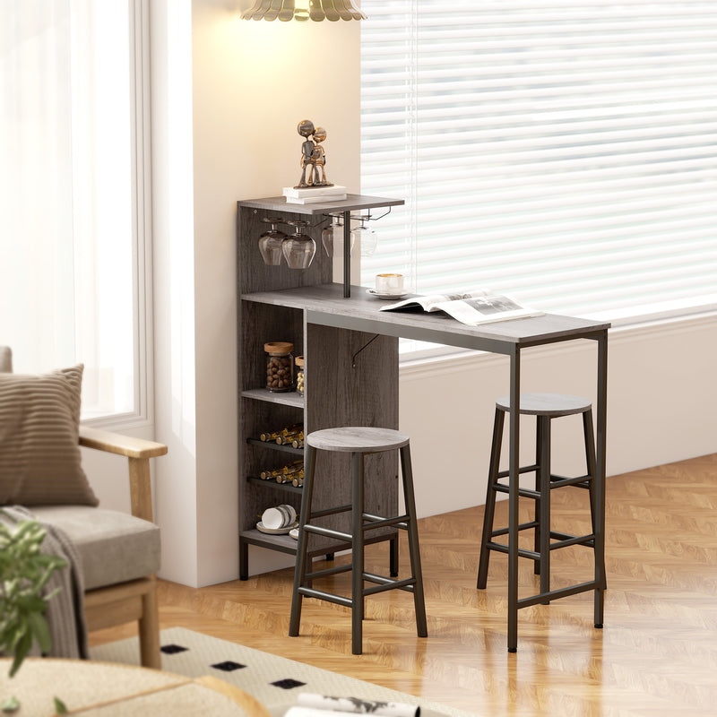 Bar Table Set with Storage Shelves and Stools for Small Kitchens or Flats Natural Wood Finish AOSOM