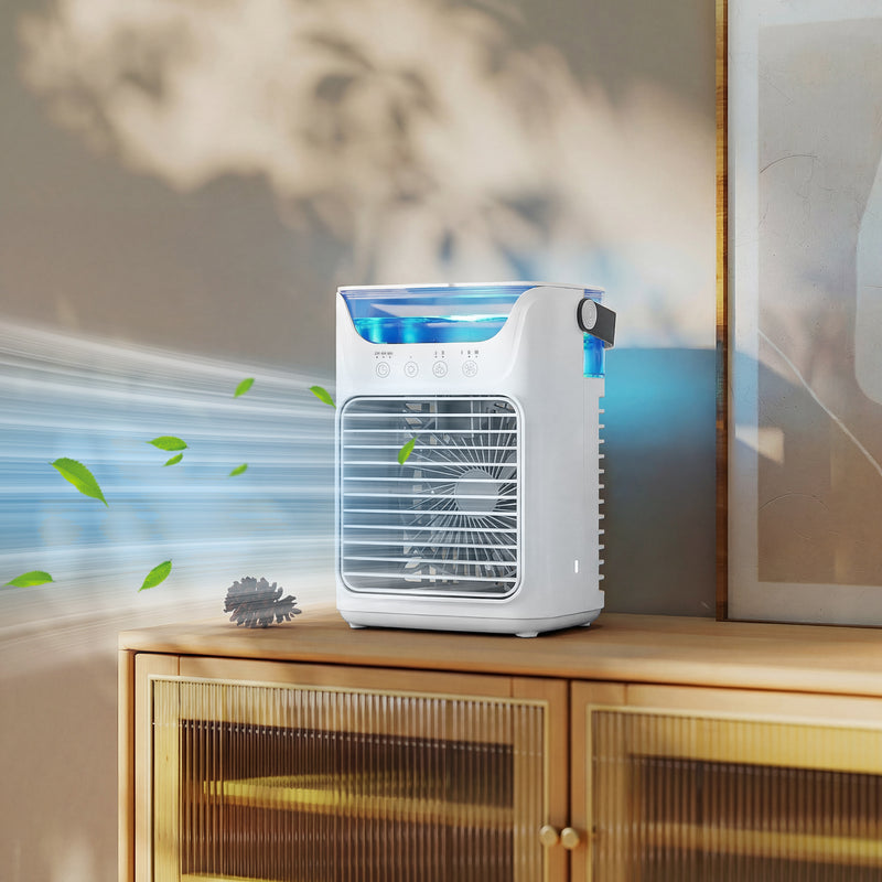 Desk Fan with Cooling Mist Humidifier and Colour Changing Light for Bedrooms or Offices White AOSOM