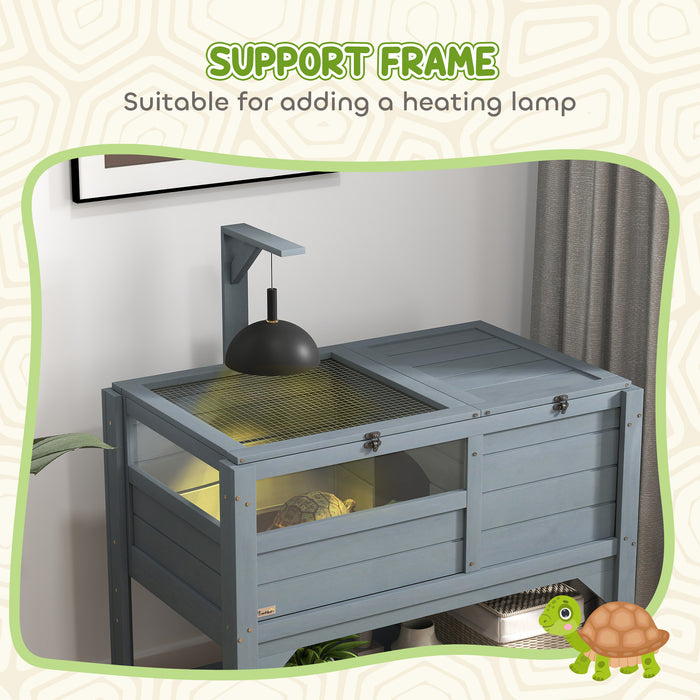 Grey Wooden Tortoise House with Shelter Run Shelf Lamp Holder and Tray by PawHut