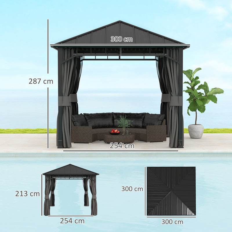 3m x 3m Hardtop Gazebo with Steel Roof and Curtains Waterproof Pavilion by Outsunny