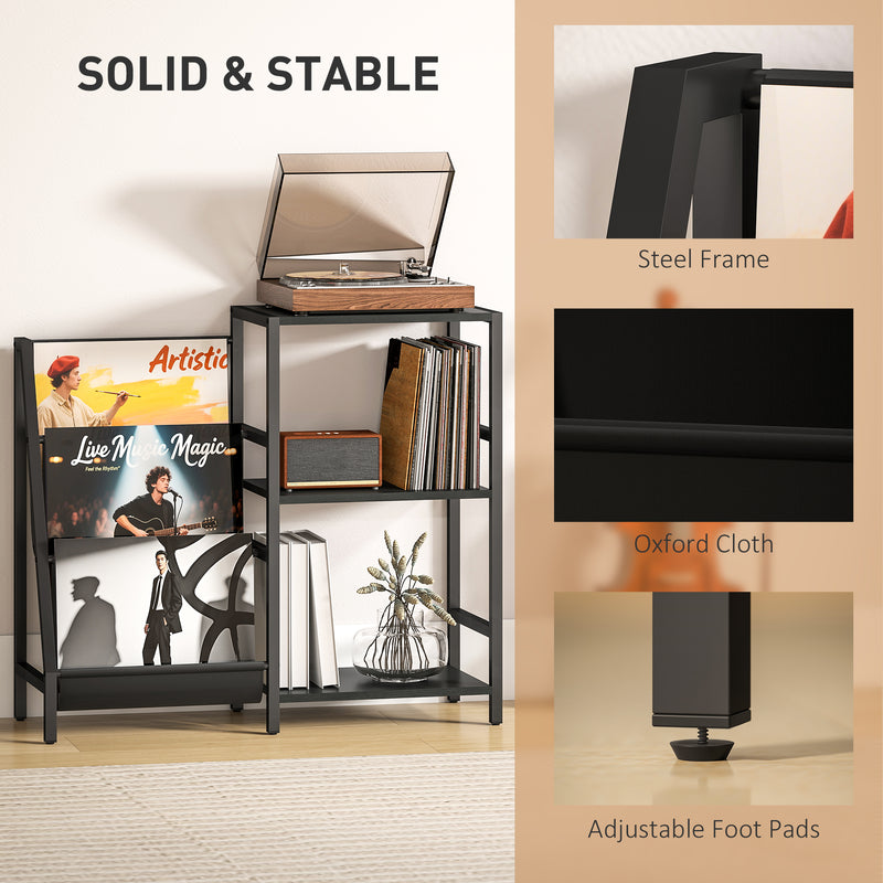Black 3 Tier Record Player Stand With Storage Shelf For Living Room Or Bedroom Use