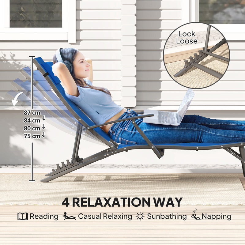 Set of 2 Blue Folding Sun Loungers with Adjustable Recline and Pillows by Outsunny