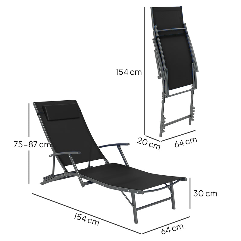 Set of 2 Black Folding Sun Loungers with Adjustable Recline and Pillows for Garden and Patio by Outsunny