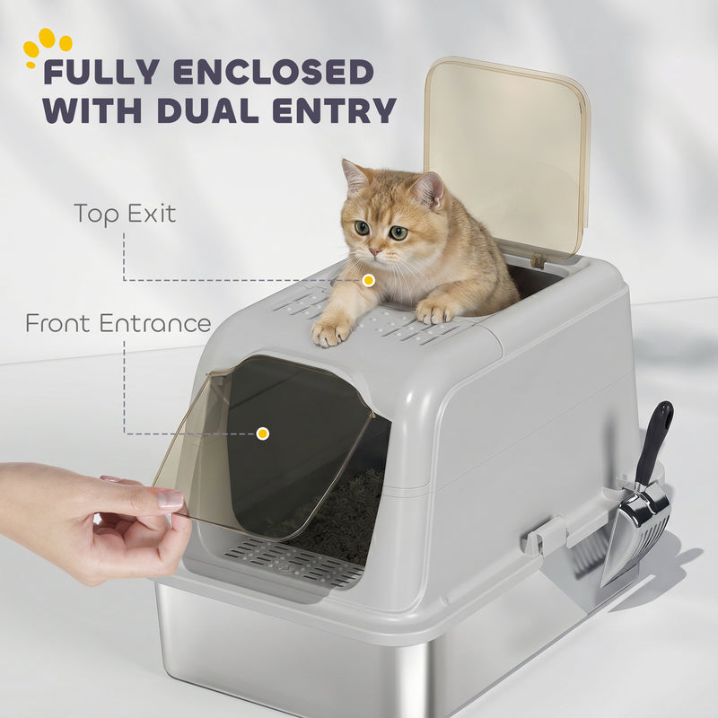 Enclosed Stainless Steel Litter Tray For Cleaner Floors, Scoop, 2 Doors, Light Grey