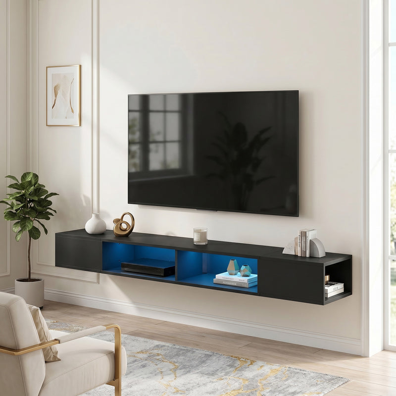 Wall Mounted Floating TV Stand with LED Lights and Cable Management for Tidy Living Room, Black