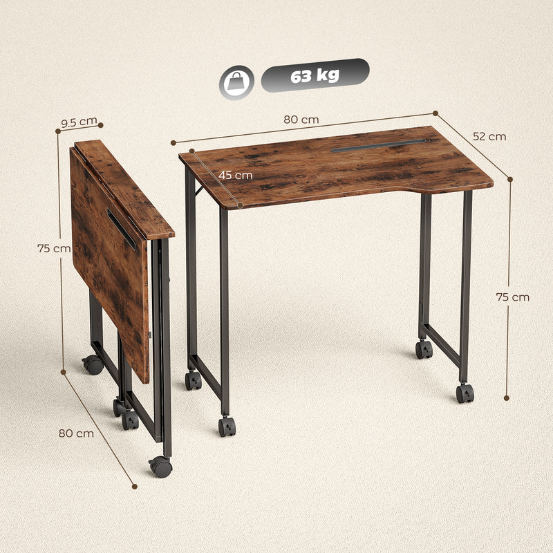 Compact Folding Desk on Wheels with Storage Shelf for Home Office Use Rustic Brown AOSOM
