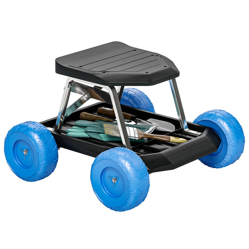 Blue Rolling Garden Seat with Wheels and Tool Tray for Weeding and Planting by Outsunny
