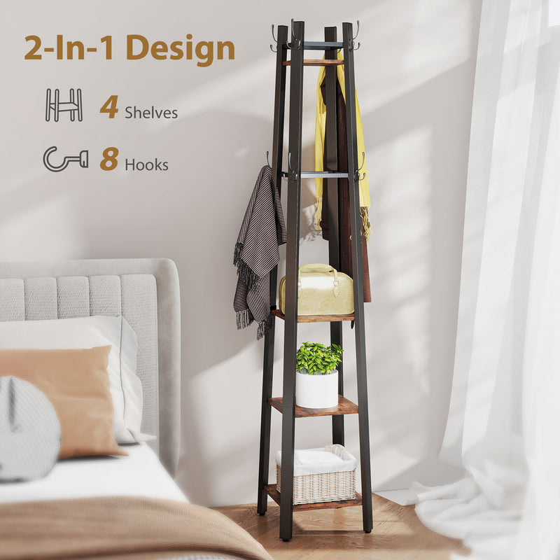 Industrial Coat Stand with 8 Hooks and 4 Storage Shelves for Hallway Organisation, Rustic Brown