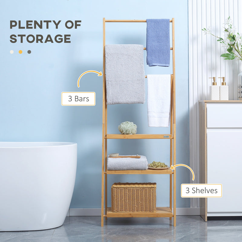 Freestanding Bamboo Towel Rack with Shelves Foldable Space Saver for Bathroom, Natural