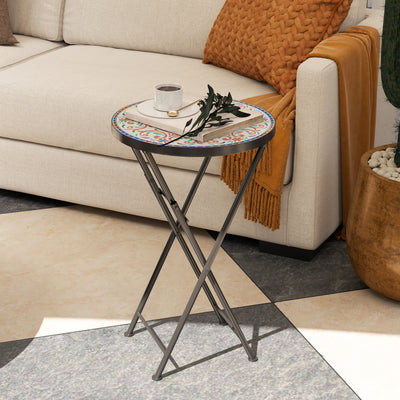 Multicolour Mosaic Folding Round Garden Table 35.5cm Metal Frame for Balcony