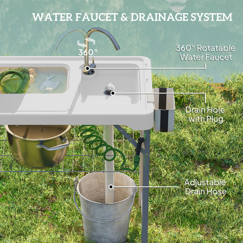 Folding Outdoor Fish Cleaning Table with Dual Sinks and Storage for Camping White