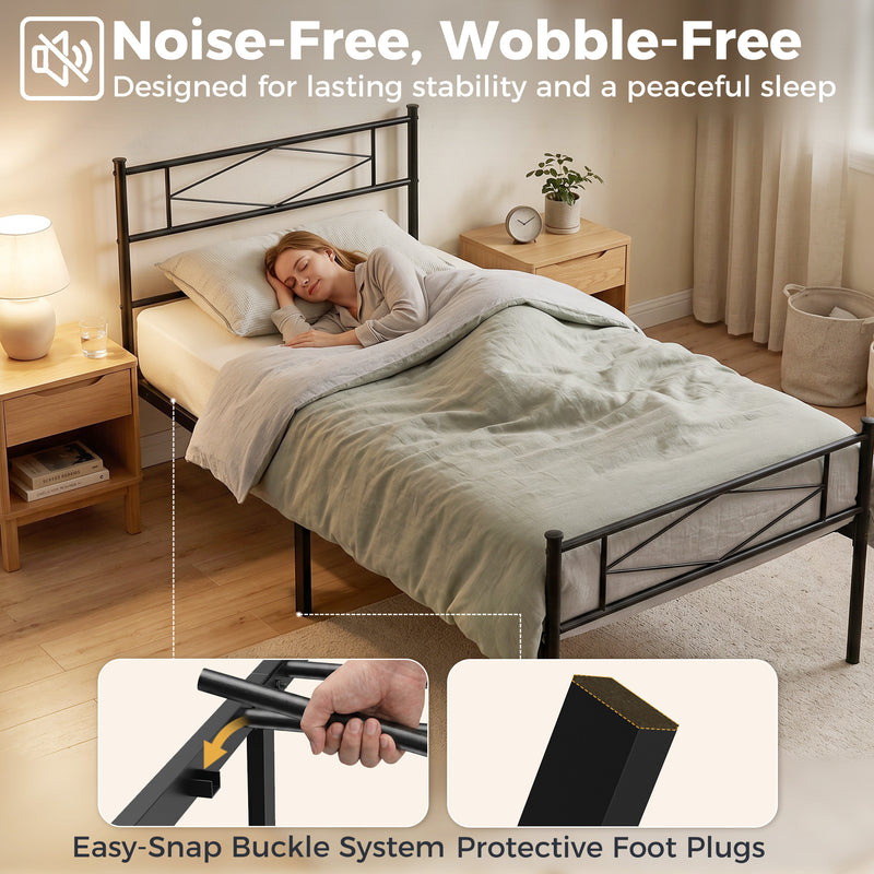 Black Metal Frame For Single Mattress, Headboard, Footboard, 21 Stone Weight Capacity