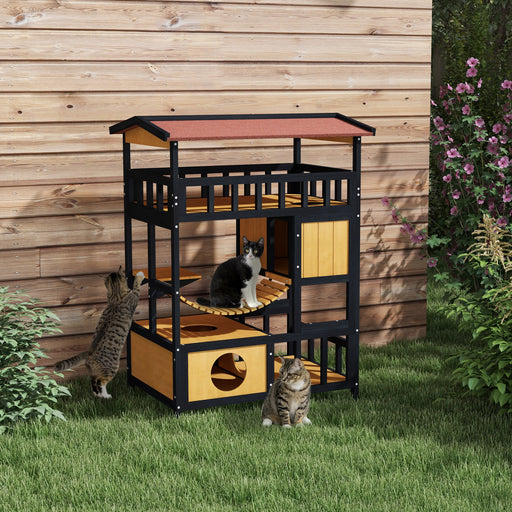 Four Tier Wooden Outdoor Cat House with Balcony and Escape Doors for Feral Cats, Grey