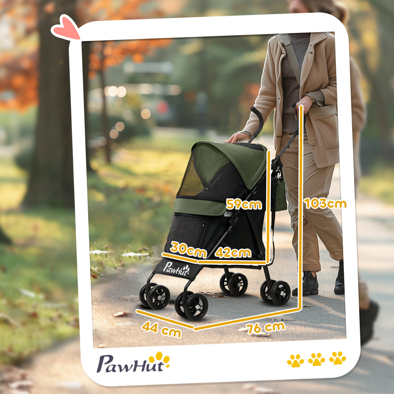 Dark Green Lightweight Dog Stroller with Umbrella Canopy Storage Bag and Cup Holder by PawHut AOSOM