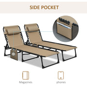Beige Folding Sun Lounger Set of 2 with Adjustable Backrest and Pillow for Garden or Beach