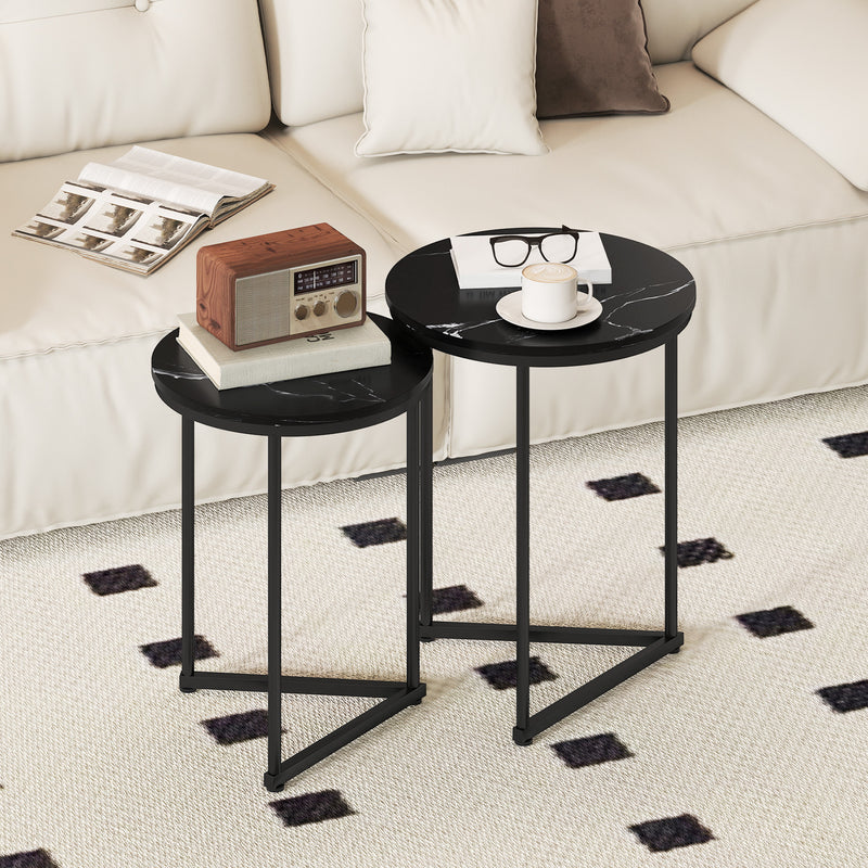 Round Coffee Tables, Nesting Tables Set For Living Room - Black Marble Effect Tops Space Saving Design