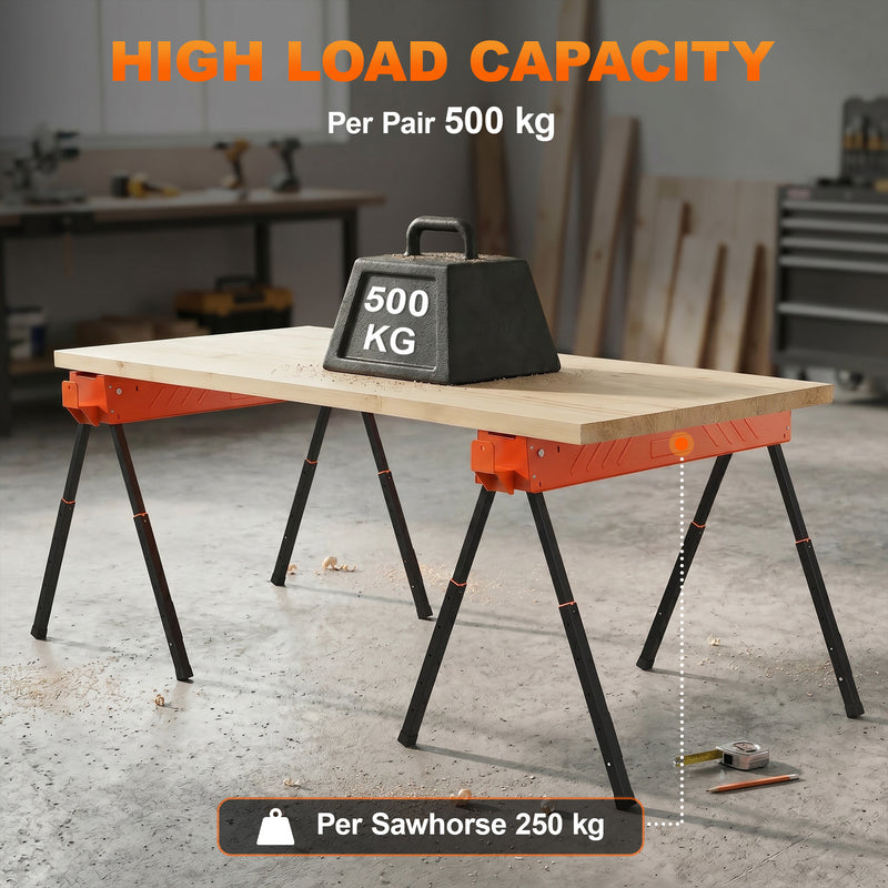 Adjustable Folding Sawhorse Pair for Stable DIY and Woodworking Support Orange Black