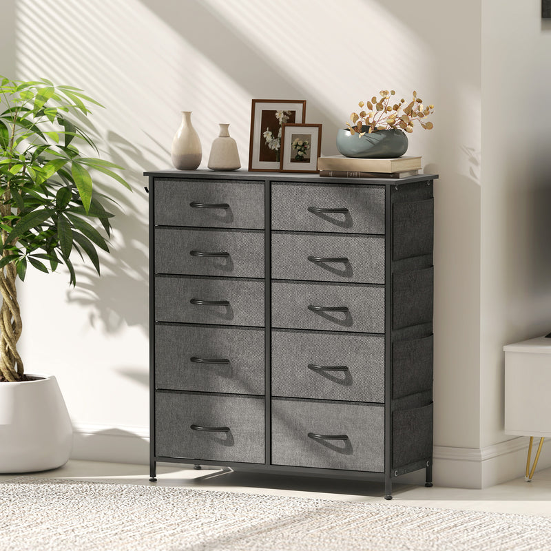 Tall Chest of 10 Fabric Drawers for Bedroom Storage with Steel Frame, Charcoal Grey