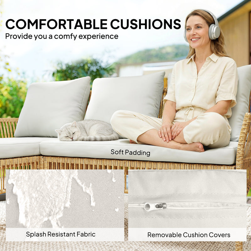 Rattan Garden Furniture Set with Loveseat Chaise Lounge and Coffee Table for Outdoor Relaxing Cream White