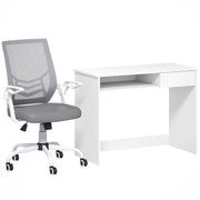Home Office Desk and Mesh Chair Set with Flip Up Arms and Drawer Keyboard Tray White Grey