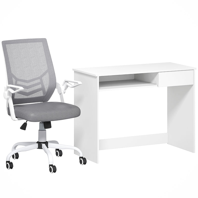 Home Office Desk and Mesh Chair Set with Flip Up Arms and Drawer Keyboard Tray White Grey