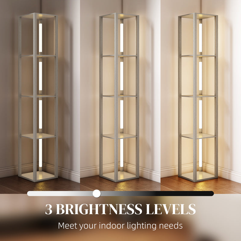 Tall Floor Lamp With Storage Shelves And Adjustable Brightness For Living Room, Oak
