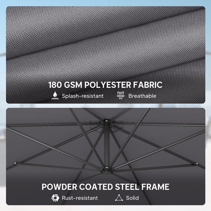 Cantilever Garden Parasol with Adjustable 3m Canopy for Shaded Outdoor Seating Grey Outsunny