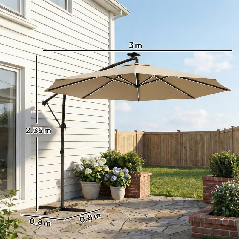 3m Cantilever Parasol With Lights For Garden or Patio - Adjustable Shade - Khaki