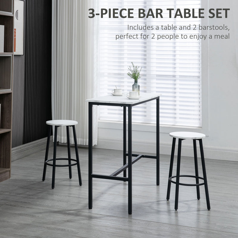 Three Piece Marble Effect Bar Table Set with Stools White and Black by HOMCOM