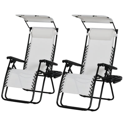 2 Piece Foldable Reclining Garden Chair with Canopy Shade and Cup Holder White by Outsunny