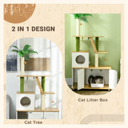 2 in 1 Hidden Cat Litter Box and Cat Tree with Scratching Posts and House, Oak
