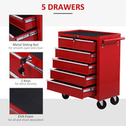 Lockable 5 Drawer Steel Tool Chest on Wheels with Side Handle for Garage or Workshop Red