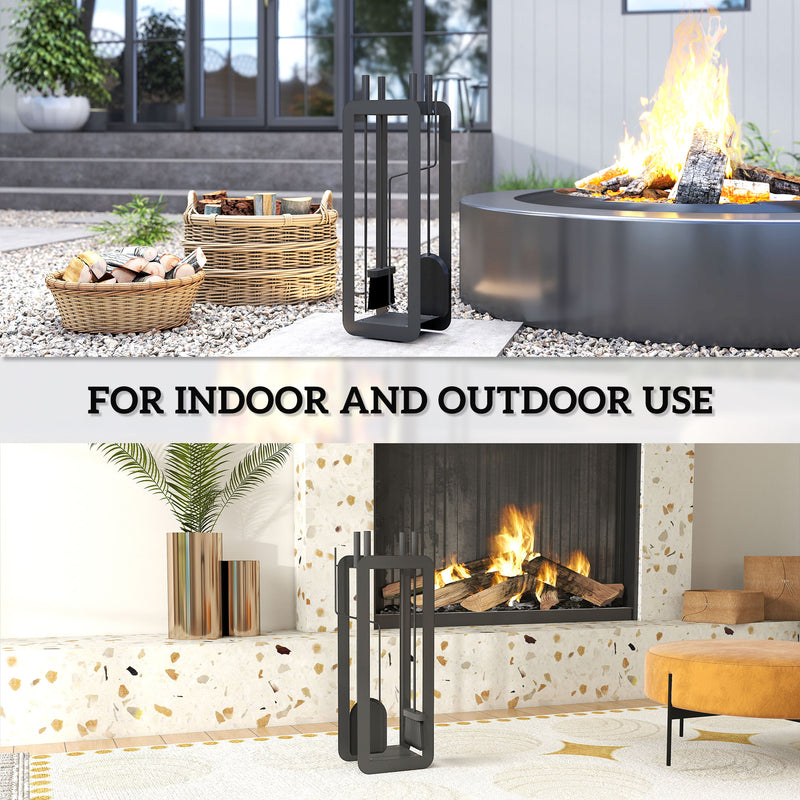 5 Piece Metal Fireplace Tool Set With Stand Ideal For Indoor Fireplaces Black