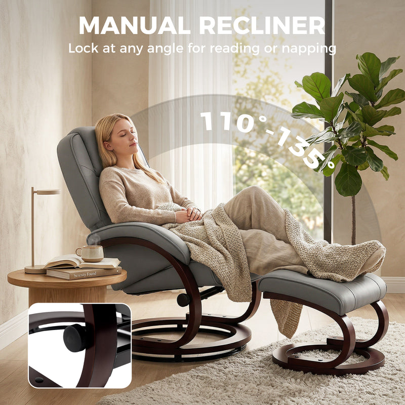 Recliner Chair and Footstool for Full Body Relaxation with Swivel Base Grey Homcom
