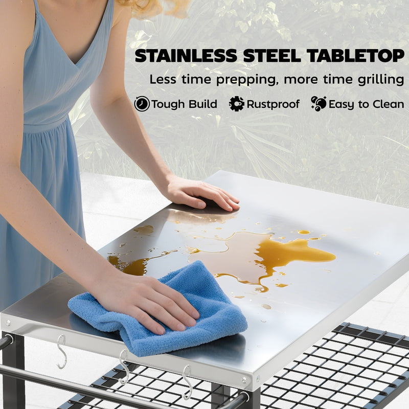 BBQ Prep Table with Stainless Steel Top and Storage Shelves for Outdoor Cooking Black Outsunny