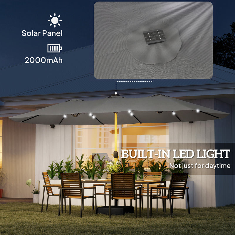 Garden Parasol with Double Canopy and Solar LED Lights for Large Patios Light Grey Outsunny