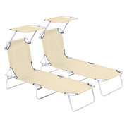 2 Piece Foldable Sun Lounger Set with Adjustable Backrest and Canopy for Garden Beige AOSOM