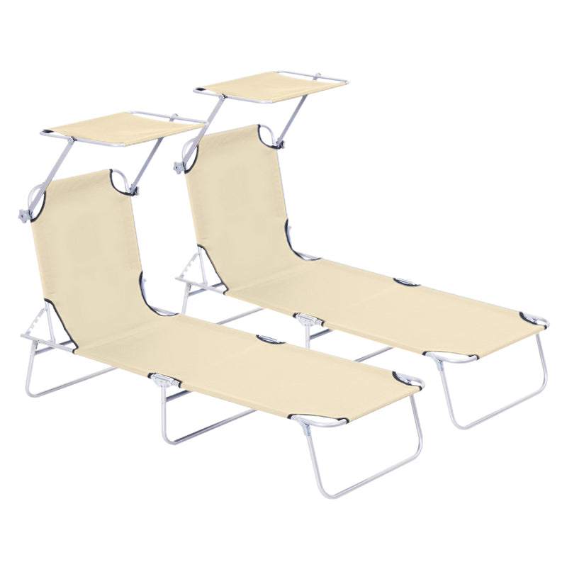 2 Piece Foldable Sun Lounger Set with Adjustable Backrest and Canopy for Garden Beige AOSOM