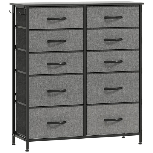Tall Chest of 10 Fabric Drawers for Bedroom Storage with Steel Frame, Charcoal Grey